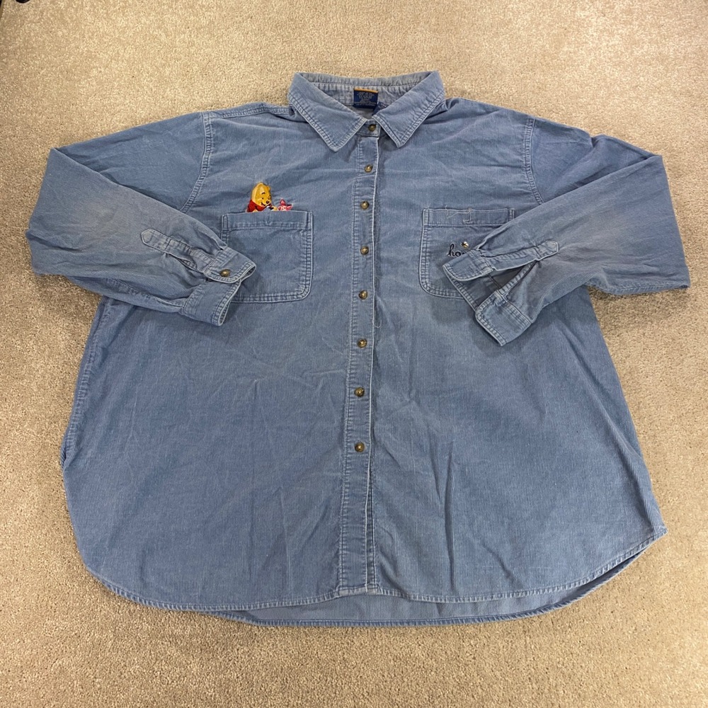 Pooh Disney Corduroy Button Down Womens 26W/28W Blue Winnie Embroidery
